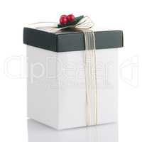 White and green box with gold bow