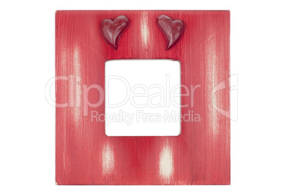 Red wooden picture frame with hearts