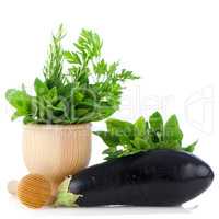 Eggplant and green herb leafs