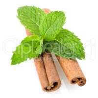 Cinnamon sticks and mint leaves