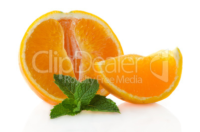 Orange fruit segment and mint leaf