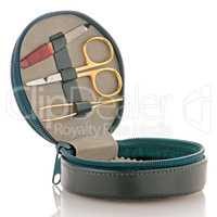 Small green leather travel care kit