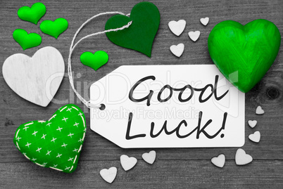 Black And White Label With Green Hearts, Text Good Luck