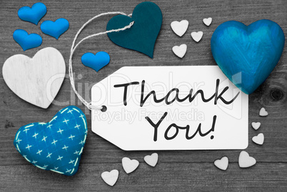 Black And White Label With Blue Hearts, Text Thank You