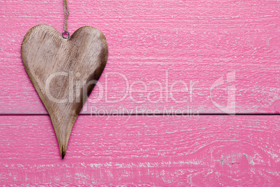One Heart With Copy Space, Pink Wooden Background
