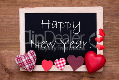 Blackboard With Textile Hearts, Text Happy New Year