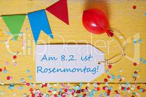 Party Label With Balloon, Text Rosenmontag Means Carnival