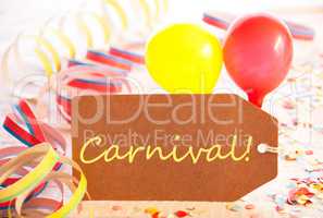 Party Label, Streamer And Balloon, Yellow Text Carnival