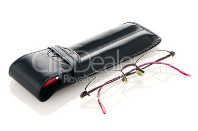 Leather pencil case and glasses