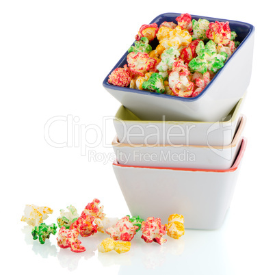 Pile of ceramic bowls of popcorn