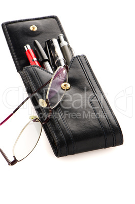 Leather pencil case and glasses
