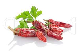 Red chili or chilli pepper and parsley leaves