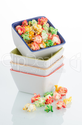 Pile of ceramic bowls of popcorn