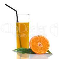 Orange juice with sliced fruit on its side