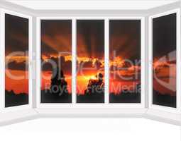window overlooking the scarlet sunset isolated