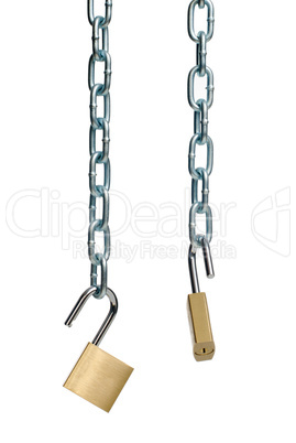 Two open padlock and chain