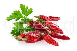 Red chili or chilli pepper and parsley leaves