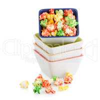 Pile of ceramic bowls of popcorn