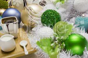 Christmas set of green and white balls