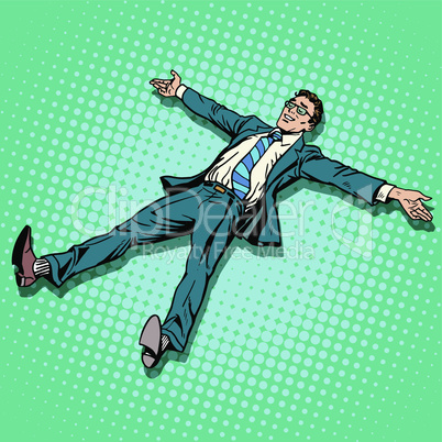 The businessman is resting with outstretched arms and legs
