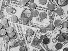 Black and white Dollar coins and notes