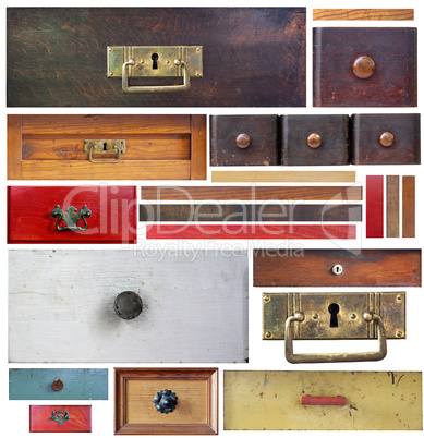 Old drawers, wooden strips and escutcheons on white background