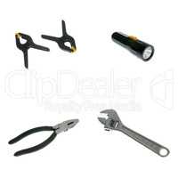 lantern, plier, english key and clamps
