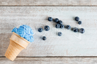 Top view blue ice cream in waffle cone