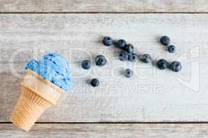 Top view blue ice cream in waffle cone