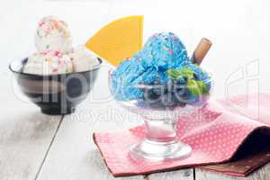 Blue ice cream and vanilla icecream
