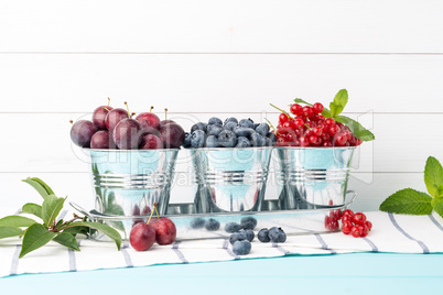 Plums, red currants and blueberries in small metal bucket