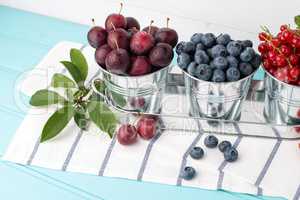 Plums, red currants and blueberries in small metal bucket