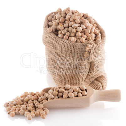 Uncooked chickpeas and wooden scoop