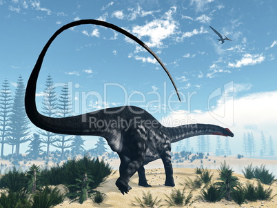 Apatosaurus dinosaur in the desert - 3D render
