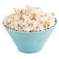 Popcorn in a blue bowl