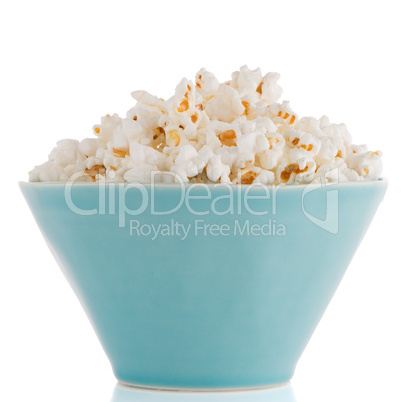 Popcorn in a blue bowl