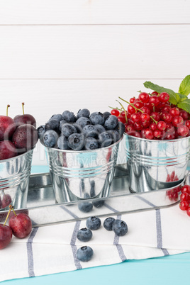 Plums, red currants and blueberries in small metal bucket