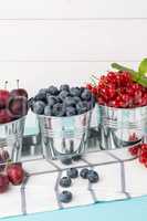 Plums, red currants and blueberries in small metal bucket