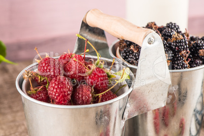 Metal buckets with fresh berries
