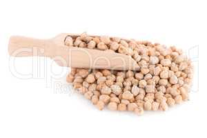 Uncooked chickpeas and wooden scoop