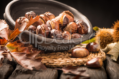 Roasted chestnuts and leaves