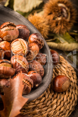 Roasted chestnuts and leaves