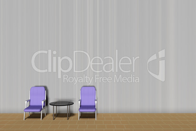 Two upholstered chairs with glass table interior, 3D