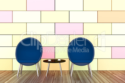 Two upholstered chairs with glass table interior, 3D