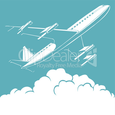 Passenger airplane in the clouds retro background