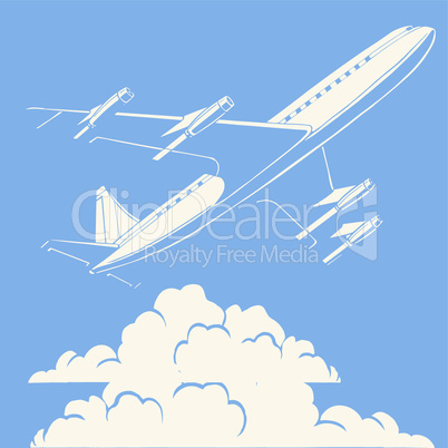 Passenger airplane in the clouds retro background