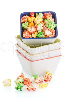 Pile of ceramic bowls of popcorn