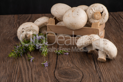 Champignons in a wooden box