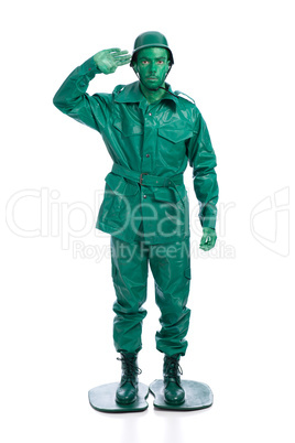 Man on a green toy soldier costume