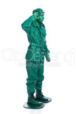 Man on a green toy soldier costume